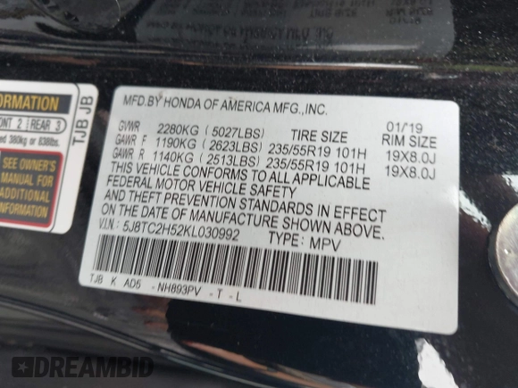 2019 Acura RDX Technology with VIN 5J8TC2H52KL030992, listed as a IAAI auction lot 42459982 with 77,042 mi miles and . Bid and sale history available at DreamBid. Image 9.