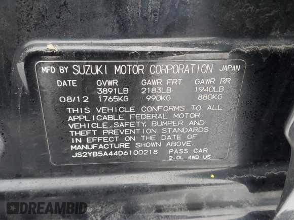 2013 Suzuki SX4 with VIN JS2YB5A44D6100218, listed as a Copart auction lot 43558615 with 165,025 mi miles and Salvage Title. Bid and sale history available at DreamBid. Image 12.