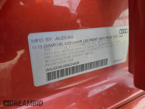 2014 Audi A4 Premium Plus with VIN WAUEFAFL0EN024608, listed as a Copart auction lot 45843405 with 136,335 mi miles and Salvage Title. Bid and sale history available at carsss.com. Image 12.