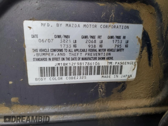 2008 Mazda 3 i Sport with VIN JM1BK12F981786106, listed as a Copart auction lot 85446424 with 200,362 mi miles and Salvage Title. Bid and sale history available at DreamBid. Image 12.