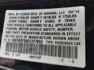 2014 Honda Civic Sedan LX with VIN 19XFB2F50EE227853, listed as a IAAI auction lot 42087506 with 113,120 mi miles. Bid and sale history available at carsss.com. Image 9.