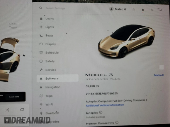 2020 Tesla Model 3 Standard Range Plus with VIN 5YJ3E1EA6LF799620, listed as a Copart auction lot 44887715 with 55,458 mi miles and Clean Title. Bid and sale history available at DreamBid. Image 9.
