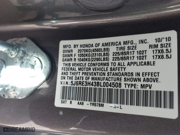 2011 Honda CR-V SE with VIN 5J6RE3H43BL004508, listed as a IAAI auction lot 41952270 with 212,502 mi miles. Bid and sale history available at carsss.com. Image 9.