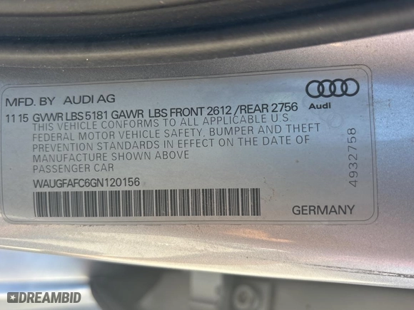 2016 Audi A6 2.0T Premium Plus with VIN WAUGFAFC6GN120156, listed as a Copart auction lot 54575565 with 96,861 mi miles and Clean Title. Bid and sale history available at carsss.com. Image 10.