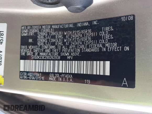 2009 Toyota Sienna CE with VIN 5TDZK23C29S262938, listed as a IAAI auction lot 42139539 with 288,784 mi miles. Bid and sale history available at carsss.com. Image 9.