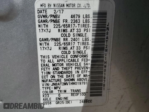 2017 Nissan Rogue S with VIN JN8AT2MV1HW019781, listed as a Copart auction lot 53243305 with 96,589 mi miles and Salvage Title. Bid and sale history available at carsss.com. Image 13.