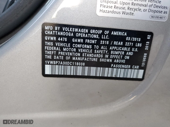 2013 Volkswagen Passat SE w/Sunroof & Nav with VIN 1VWBP7A30DC118038, listed as a Copart auction lot 82025134 with NaN miles and Salvage Title. Bid and sale history available at carsss.com. Image 14.