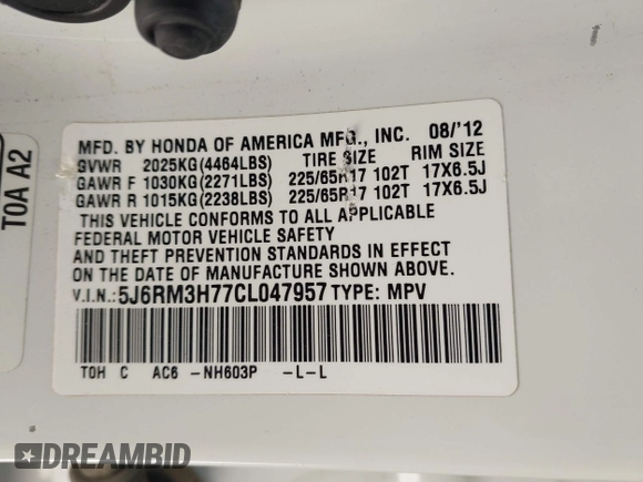 2012 Honda CR-V EX-L with VIN 5J6RM3H77CL047957, listed as a IAAI auction lot 41930875 with 188,439 mi miles. Bid and sale history available at carsss.com. Image 9.