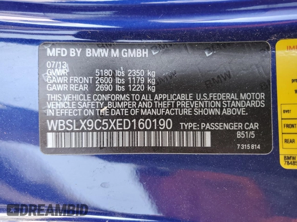 2014 BMW M6 with VIN WBSLX9C5XED160190, listed as a Copart auction lot 48160905 with 47,034 mi miles and Salvage title. Bid and sale history available at DreamBid. Image 12.