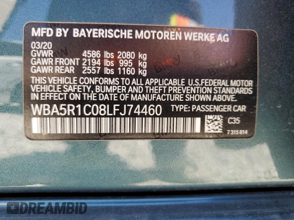 2020 BMW 3 Series 330i with VIN WBA5R1C08LFJ74460, listed as a Copart auction lot 47892805 with 28,447 mi miles and Salvage title. Bid and sale history available at DreamBid. Image 12.