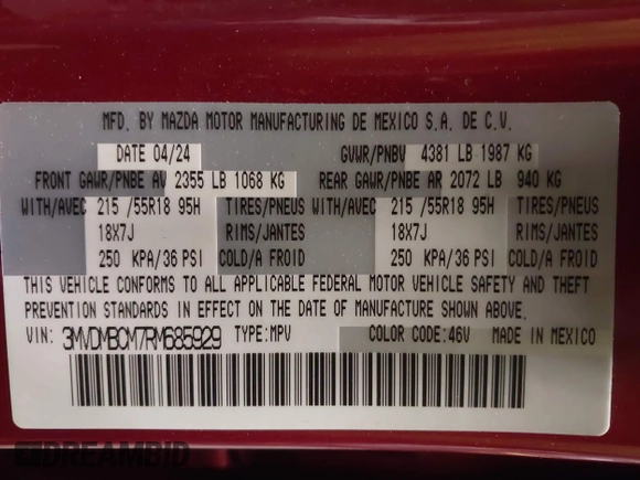 2024 Mazda CX-30 S Preferred with VIN 3MVDMBCM7RM685929, listed as a IAAI auction lot 41574303 with 7,928 mi miles and . Bid and sale history available at DreamBid. Image 9.