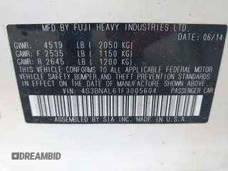 2015 Subaru Legacy 2.5i Limited with VIN 4S3BNAL61F3005604, listed as a IAAI auction lot 42086123 with 52,488 mi miles. Bid and sale history available at carsss.com. Image 9.