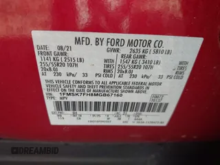 2021 Ford Explorer Limited with VIN 1FMSK7FH8MGB67160, listed as a IAAI auction lot 42030076 with 44,760 mi miles. Bid and sale history available at carsss.com. Image 9.