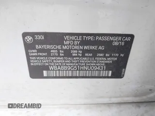 2017 BMW 3 Series 330i with VIN WBA8B9G51HNU09431, listed as a IAAI auction lot 41869627 with 87,719 mi miles. Bid and sale history available at carsss.com. Image 9.