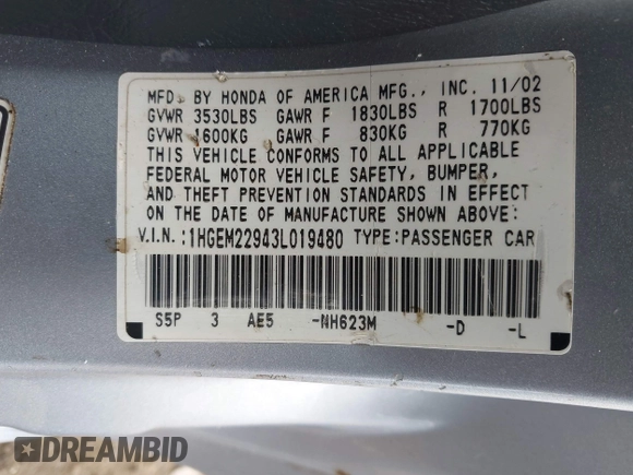 2003 Honda Civic EX with VIN 1HGEM22943L019480, listed as a IAAI auction lot 41914928 with 178,506 mi miles and . Bid and sale history available at DreamBid. Image 9.
