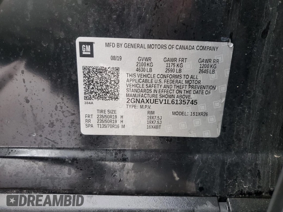 2020 Chevrolet Equinox LT with VIN 2GNAXUEV1L6135745, listed as a Copart auction lot 49691095 with 80,259 mi miles and Salvage Title. Bid and sale history available at DreamBid. Image 15.