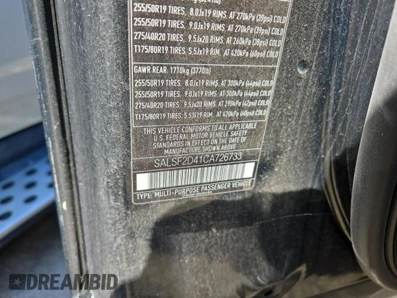 2012 Land Rover Range Rover Sport HSE with VIN SALSF2D41CA726733, listed as a Copart auction lot 43197725 with 258,935 mi miles and Clean title. Bid and sale history available at DreamBid. Image 10.