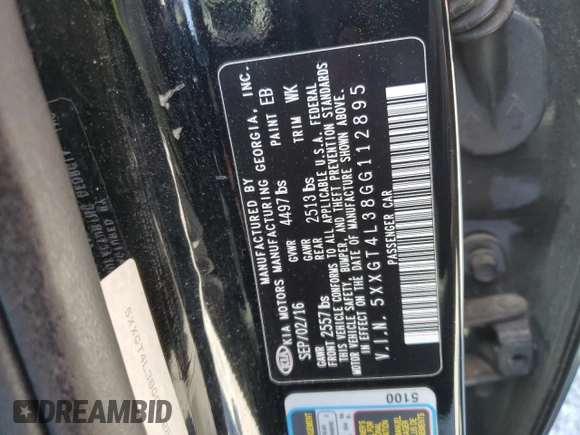 2016 Kia Optima LX with VIN 5XXGT4L38GG112895, listed as a Copart auction lot 52201095 with 117,689 mi miles and Salvage Title. Bid and sale history available at carsss.com. Image 14.