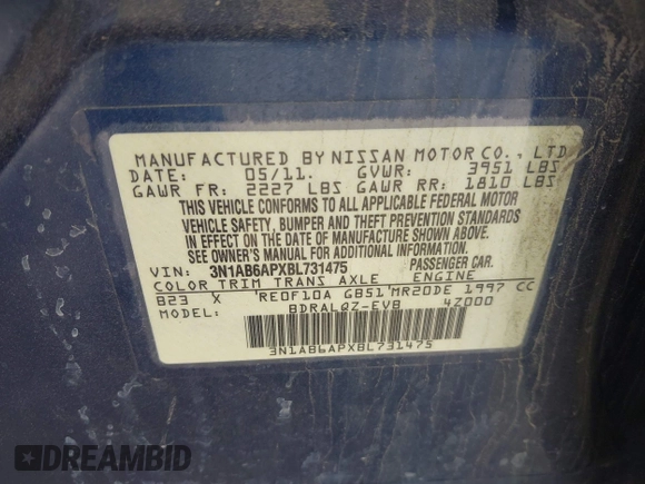 2011 Nissan Sentra SR with VIN 3N1AB6APXBL731475, listed as a IAAI auction lot 41495537 with 270,681 mi miles and . Bid and sale history available at DreamBid. Image 9.
