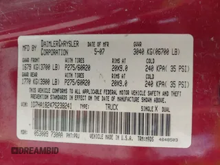 2007 Dodge 1500 SLT with VIN 1D7HA18247S238241, listed as a IAAI auction lot 42111324 with 257,729 mi miles and . Bid and sale history available at carsss.com. Image 9.