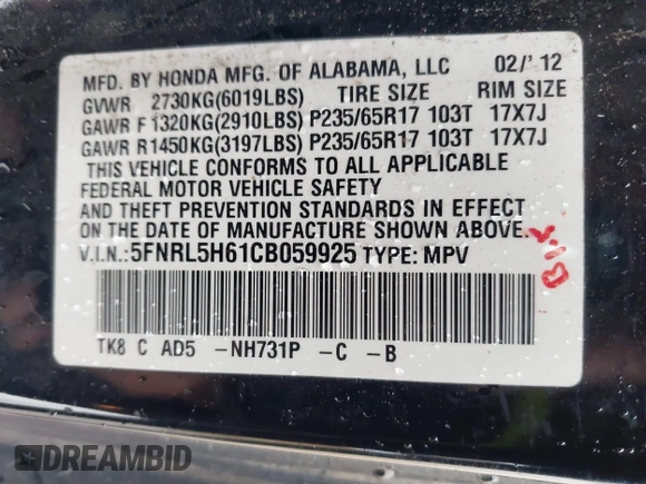 2012 Honda Odyssey EX-L с VIN 5FNRL5H61CB059925, выставлен на аукционе IAAI как лот 42414780 с пробегом 201 004 миль миль и . История ставок и продаж доступна на DreamBid. Изображение 9.