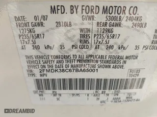 2007 Ford Edge SEL with VIN 2FMDK38C67BA65001, listed as a IAAI auction lot 41965329 with 279,323 mi miles. Bid and sale history available at carsss.com. Image 9.