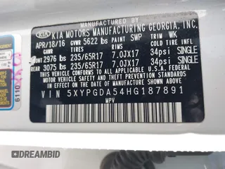 2017 Kia Sorento LX with VIN 5XYPGDA54HG187891, listed as a IAAI auction lot 42122755 with 143,131 mi miles and . Bid and sale history available at carsss.com. Image 9.