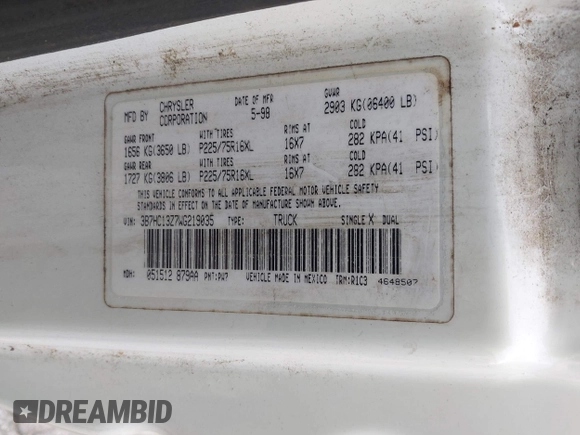 1998 Dodge 1500 с VIN 3B7HC13Z7WG219035, выставлен на аукционе IAAI как лот 42407869 с пробегом 463 441 миль миль и . История ставок и продаж доступна на DreamBid. Изображение 9.