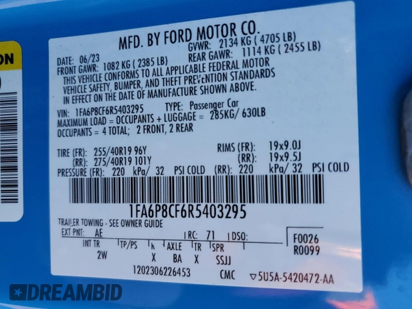 2024 Ford Mustang GT with VIN 1FA6P8CF6R5403295, listed as a Copart auction lot 46750145 with 12,161 mi miles and Salvage title. Bid and sale history available at DreamBid. Image 15.