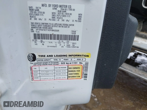 2014 Ford F-150 XL with VIN 1FTFW1ET1EFB62225, listed as a IAAI auction lot 42073046 with 201,750 mi miles and . Bid and sale history available at DreamBid. Image 9.