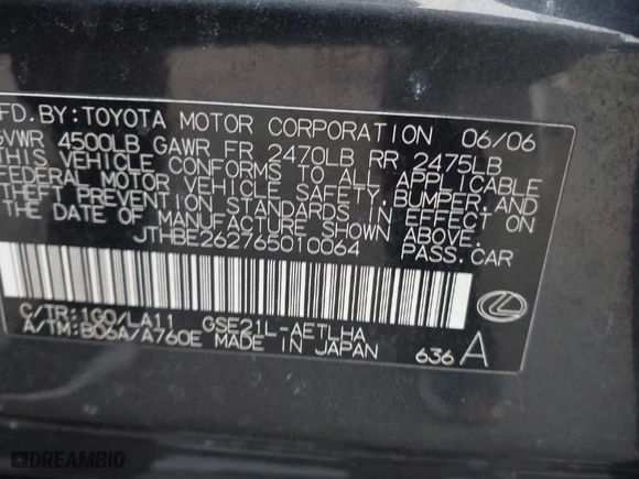 2006 Lexus IS 350 Auto with VIN JTHBE262765010064, listed as a IAAI auction lot 41431359 with 185,216 mi miles. Bid and sale history available at carsss.com. Image 9.