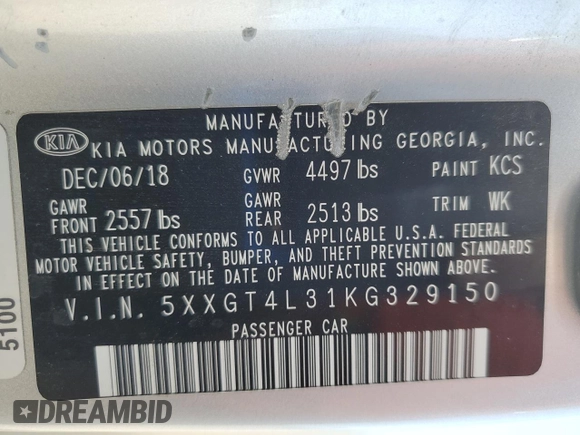 2019 Kia Optima LX z VIN 5XXGT4L31KG329150, wystawiony jako Copart lot #59225935 z przebiegiem 58 253 mil mil oraz Szkoda całkowita • Salvage title. Historia ofert i sprzedaży dostępna na DreamBid. Obrazek 13.