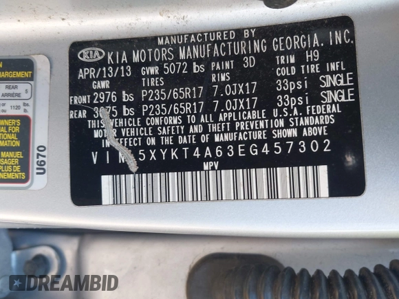 2014 Kia Sorento LX with VIN 5XYKT4A63EG457302, listed as a IAAI auction lot 41859779 with 122,724 mi miles. Bid and sale history available at carsss.com. Image 9.