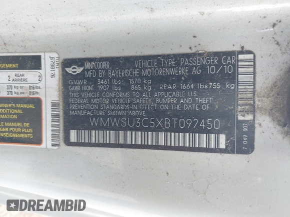 2011 MINI Hardtop with VIN WMWSU3C5XBT092450, listed as a IAAI auction lot 42409929 with 168,528 mi miles and . Bid and sale history available at DreamBid. Image 9.