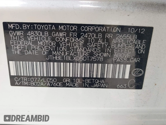 2013 Lexus GS 350 z VIN JTHBE1BLXD5017578, wystawiony jako IAAI lot #42023208 z przebiegiem 132 269 mil mil oraz . Historia ofert i sprzedaży dostępna na DreamBid. Obrazek 9.