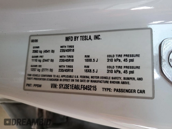 2020 Tesla Model 3 Standard Range Plus with VIN 5YJ3E1EA6LF645215, listed as a Copart auction lot 47882375 with 69,317 mi miles and Salvage Title. Bid and sale history available at DreamBid. Image 13.