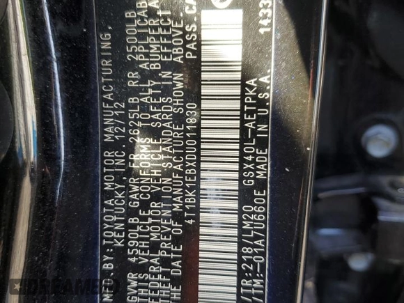 2013 Toyota Avalon XLE with VIN 4T1BK1EBXDU011830, listed as a Copart auction lot 50206485 with 59,315 mi miles and Salvage Title. Bid and sale history available at DreamBid. Image 12.