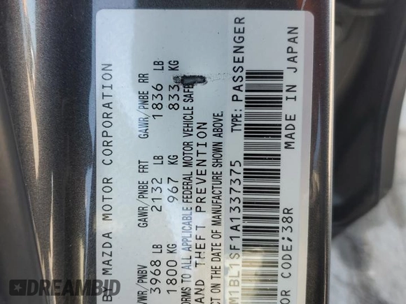 2010 Mazda 3 i Touring with VIN JM1BL1SF1A1337375, listed as a Copart auction lot 54787395 with 118,148 mi miles and Salvage Title. Bid and sale history available at DreamBid. Image 12.