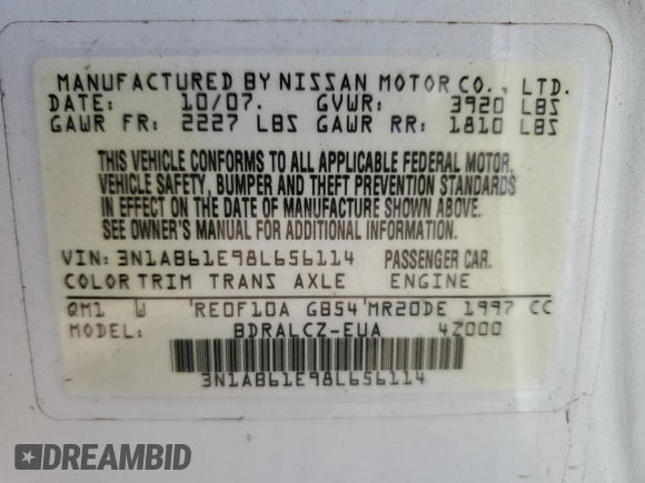 2008 Nissan Sentra S with VIN 3N1AB61E98L656114, listed as a Copart auction lot 49048745 with 95,713 mi miles and Clean Title. Bid and sale history available at DreamBid. Image 12.