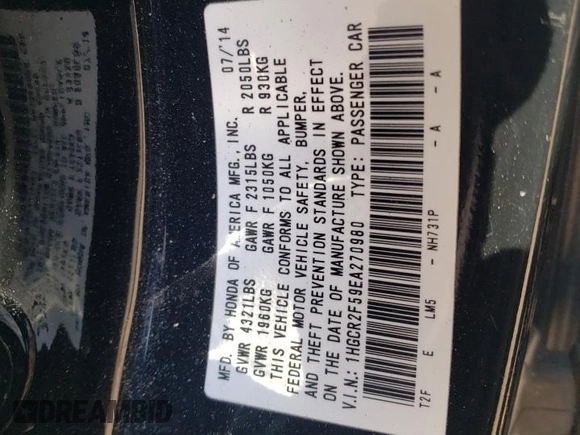 2014 Honda Accord Sport with VIN 1HGCR2F59EA270980, listed as a Copart auction lot 46647434 with 125,736 mi miles and Salvage Title. Bid and sale history available at DreamBid. Image 14.