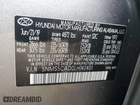2020 Hyundai Santa Fe Limited with VIN 5NMS5CAD0LH142401, listed as a Copart auction lot 51275715 with 57,208 mi miles and Salvage Title. Bid and sale history available at carsss.com. Image 14.