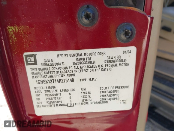 2004 Chevrolet Tahoe Z71 z VIN 1GNEK13T14R275140, wystawiony jako IAAI lot #41986825 z przebiegiem 256 057 mil mil oraz . Historia ofert i sprzedaży dostępna na DreamBid. Obrazek 9.