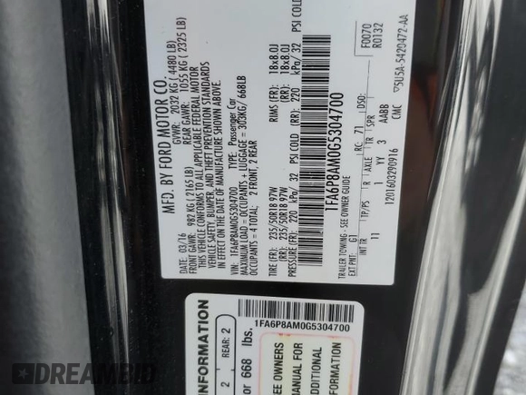 2016 Ford Mustang V6 with VIN 1FA6P8AM0G5304700, listed as a Copart auction lot 60964595 with 102,994 mi miles and Salvage title. Bid and sale history available at DreamBid. Image 13.
