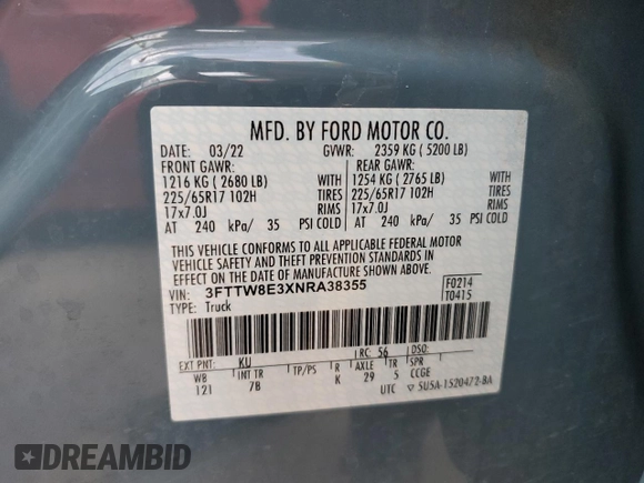 2022 Ford Maverick XL with VIN 3FTTW8E3XNRA38355, listed as a Copart auction lot 51169395 with 36,522 mi miles and Salvage Title. Bid and sale history available at DreamBid. Image 12.