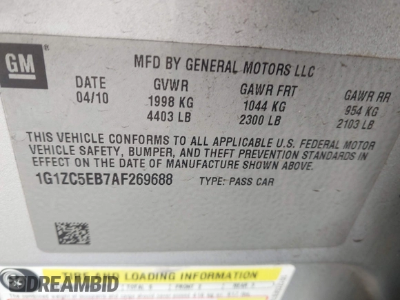 2010 Chevrolet Malibu 1LT with VIN 1G1ZC5EB7AF269688, listed as a IAAI auction lot 42140533 with 270,120 mi miles and . Bid and sale history available at DreamBid. Image 9.