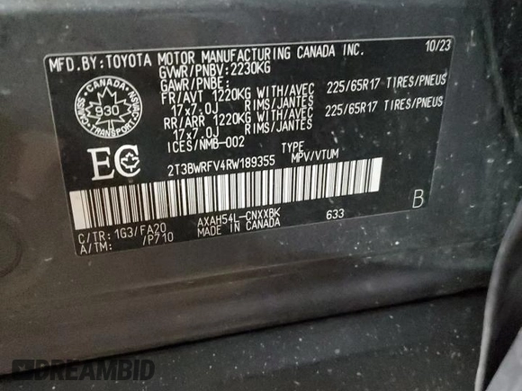 2024 Toyota RAV4 Hybrid XLE Premium with VIN 2T3BWRFV4RW189355, listed as a Copart auction lot 85818624 with 32,504 mi miles and Salvage Title. Bid and sale history available at DreamBid. Image 14.