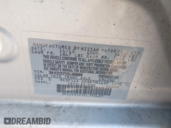 2014 Nissan Note S Plus with VIN 3N1CE2CPXEL395689, listed as a IAAI auction lot 42582976 with 111,556 mi miles and . Bid and sale history available at DreamBid. Image 9.