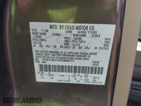 2007 Ford Escape XLT с VIN 1FMYU93197KB68777, выставлен на аукционе IAAI как лот 41996027 с пробегом 206 497 миль миль и . История ставок и продаж доступна на DreamBid. Изображение 9.