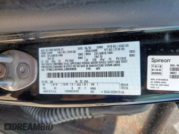 2020 Ford Escape SEL with VIN 1FMCU0H66LUB65859, listed as a Copart auction lot 60489845 with 93,019 mi miles and Salvage title. Bid and sale history available at DreamBid. Image 13.