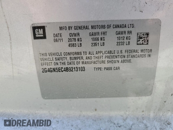 2011 Buick Regal CXL RL1 with VIN 2G4GN5EC4B9213103, listed as a Copart auction lot 50019675 with 204,330 mi miles and Salvage Title. Bid and sale history available at DreamBid. Image 12.